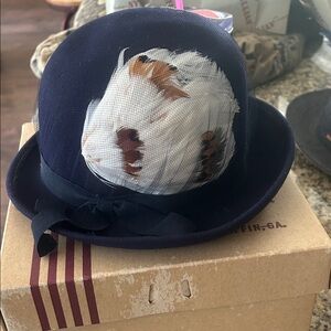 Vintage Glenover 100% Wool Bowler Hat w Net & Feathers EVC